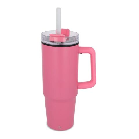 Werbeartikel Miami 800 ml XL-Thermobecher aus Edelstahl mit Henkel & Strohhalm passend für die meisten Autohalter – Rosa – mit Logo bedruckt