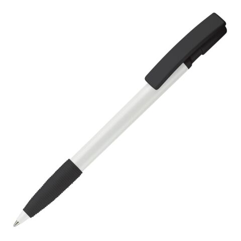 Werbeartikel Kugelschreiber Nash Hardcolour mit Gummigriff – weiss-Schwarz – mit Logo bedruckt
