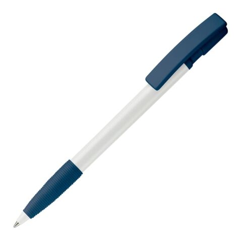 Werbeartikel Kugelschreiber Nash Hardcolour mit Gummigriff – weiss-Dunkelblau – mit Logo bedruckt