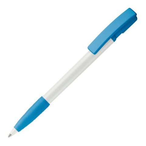 Werbeartikel Kugelschreiber Nash Hardcolour mit Gummigriff – weiss-Hellblau – mit Logo bedruckt