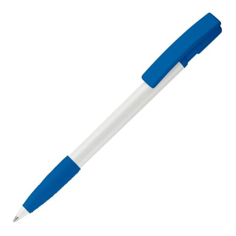 Werbeartikel Kugelschreiber Nash Hardcolour mit Gummigriff – weiss-Königsblau – mit Logo bedruckt
