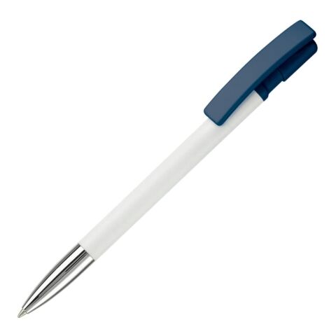 Werbeartikel Kugelschreiber Nash Hardcolour mit Metallspitze – Weiss-Dunkelblau – mit Logo bedruckt
