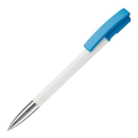 Werbeartikel Kugelschreiber Nash Hardcolour mit Metallspitze – Weiss-Hellblau – mit Logo bedruckt
