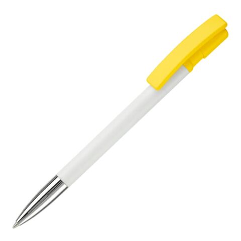 Werbeartikel Kugelschreiber Nash Hardcolour mit Metallspitze – weiss-Gelb – mit Logo bedruckt