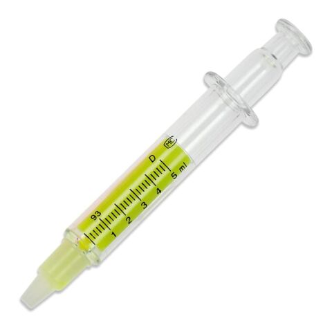 Werbeartikel Spritzen-Textmarker – Gelb-Gelb – mit Logo bedruckt