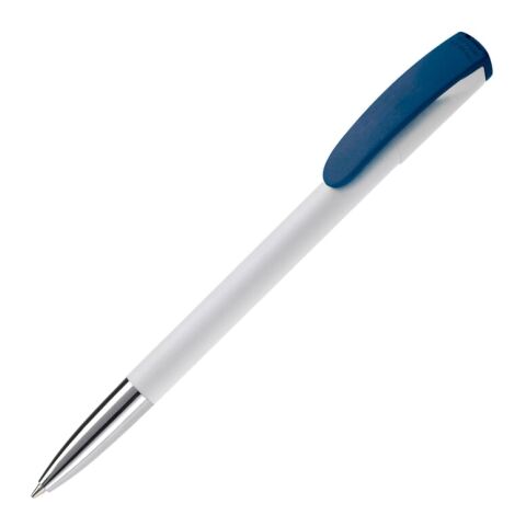 Werbeartikel Kugelschreiber Deniro mit Metallspitze Hardcolour – Weiss-Dunkelblau – mit Logo bedruckt
