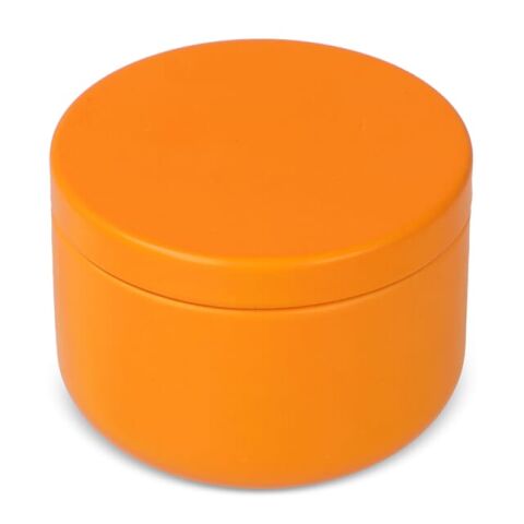 Nachhaltiger Werbeartikel Asana unparfümierte Kerze auf Pflanzenbasis in recycelter Dose – Orange – mit Logo bedruckt