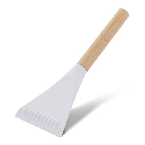 Werbeartikel Eisschaber aus Bambus und R-PP – weiss – mit Logo bedruckt
