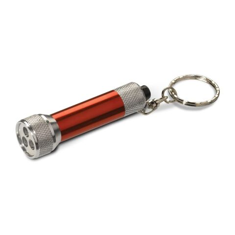 Werbeartikel Schlüsselanhänger Mini-LED-Taschenlampe aus Metall 3 helle LEDs inkl. Batterien ideal für Lasergravur – Rot Weiss – mit Logo bedruckt