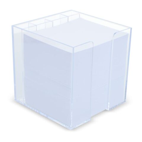 Nachhaltiger Werbeartikel Notizzettel 10x10x10cm FSC in Würfelbox mit Stifteköcher – Transparent – mit Logo bedruckt