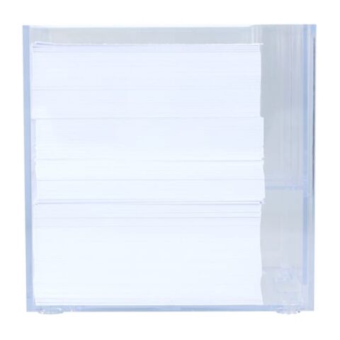 Nachhaltiger Werbeartikel Notizzettel 10x10x10cm FSC in Würfelbox mit Stifteköcher – Transparent – mit Logo bedruckt