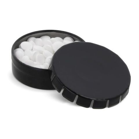 Werbeartikel Mini-Clic-Dose Pfefferminzdose – Schwarz – mit Logo bedruckt