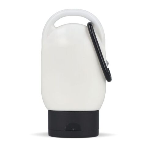 Werbeartikel Sonnenschutzlotion mit Karabiner SPF30 aus recyceltem Material – Schwarz – mit Logo bedruckt