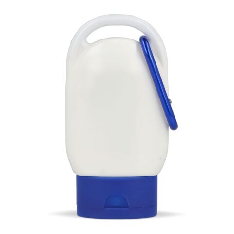 Werbeartikel Sonnenschutzlotion mit Karabiner SPF30 aus recyceltem Material – Blau Weiss – mit Logo bedruckt