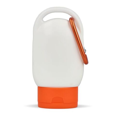 Werbeartikel Sonnenschutzlotion mit Karabiner SPF30 aus recyceltem Material – Orange – mit Logo bedruckt