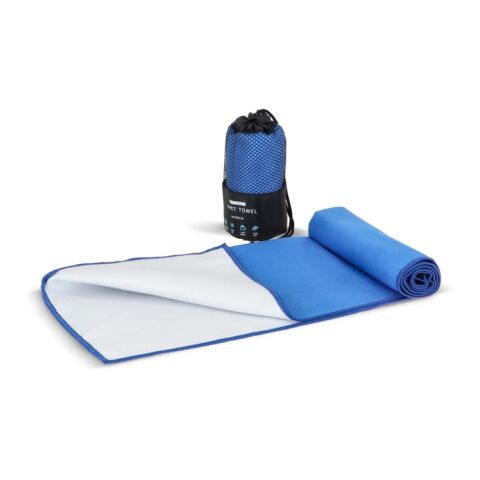 Werbeartikel R-PET-Schnelltrocknungshandtuch 40 × 80 cm mit Beutel, Sublimationsdruck. – Blau Weiss – mit Logo bedruckt