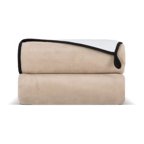 Werbeartikel Vliesdecke 120×150 cm, 500 g/m² Korallenvlies, sublimationsdruckfähig. – Beige – mit Logo bedruckt