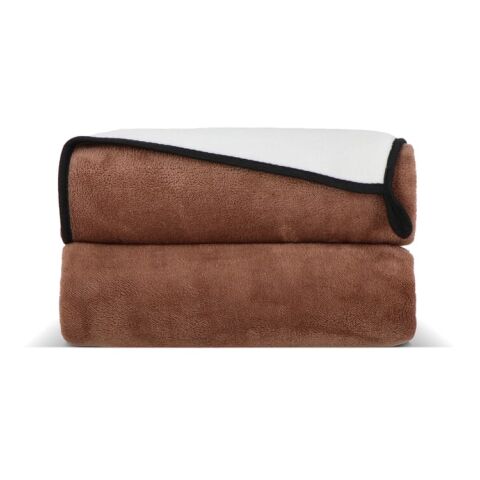 Werbeartikel Vliesdecke 120×150 cm, 500 g/m² Korallenvlies, sublimationsdruckfähig. – Taupe – mit Logo bedruckt