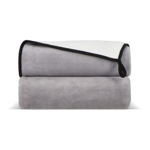 Werbeartikel Vliesdecke 120×150 cm, 500 g/m² Korallenvlies, sublimationsdruckfähig. – Grau – mit Logo bedruckt