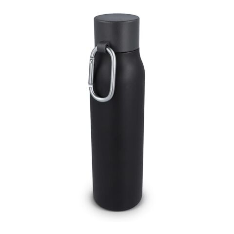 Werbeartikel 600 ml Isolierflasche mit Karabiner-Verschluss & matter Oberfläche doppelwandig inkl. Geschenkbox – Schwarz – mit Logo bedruckt