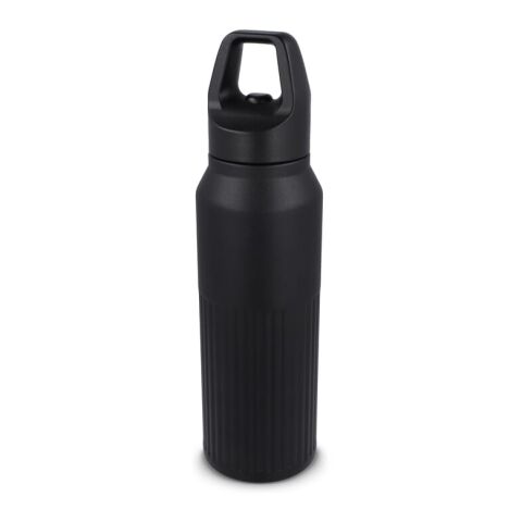Werbeartikel 500 ml Edelstahl-Isolierflasche doppelwandig mit Easy-Click-Verschluss & Streifenmuster hält 24h kalt / 8h heiss – Schwarz – mit Logo