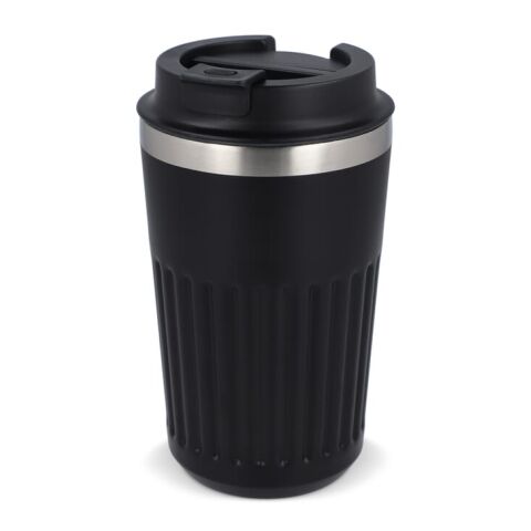 Werbeartikel 400 ml Recycling-Edelstahl-Thermobecher mit modernem Streifenmuster & auslaufsicherem Deckel – Schwarz – mit Logo bedruckt