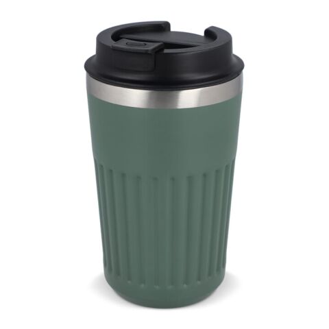Werbeartikel 400 ml Recycling-Edelstahl-Thermobecher mit modernem Streifenmuster & auslaufsicherem Deckel – Olivgrün – mit Logo bedruckt