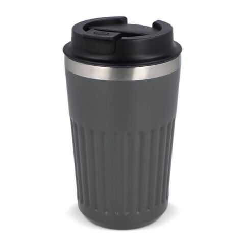 Werbeartikel 400 ml Recycling-Edelstahl-Thermobecher mit modernem Streifenmuster & auslaufsicherem Deckel – Grau – mit Logo bedruckt