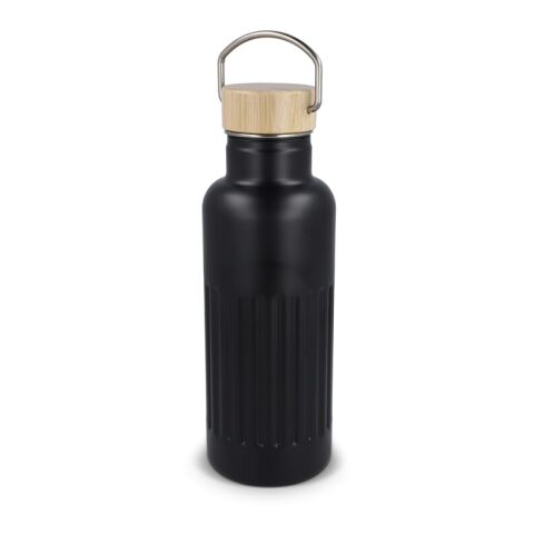 Nachhaltiger Werbeartikel 500 ml Isolierflasche aus recyceltem Edelstahl doppelwandig mit Bambusdeckel & Streifenmuster – Schwarz – mit Logo bedruckt