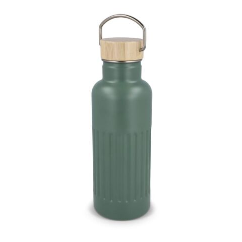 Nachhaltiger Werbeartikel 500 ml Isolierflasche aus recyceltem Edelstahl doppelwandig mit Bambusdeckel & Streifenmuster – Olivgrün – mit Logo bedruckt