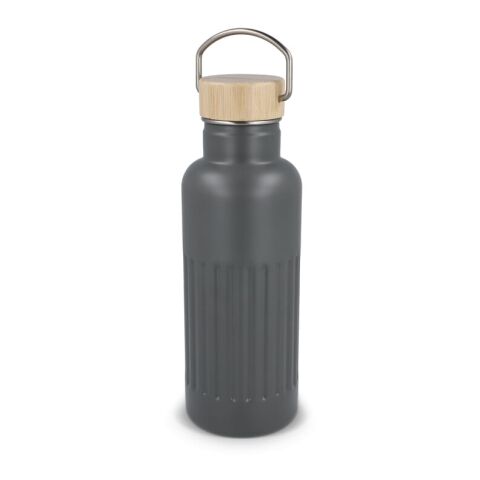 Nachhaltiger Werbeartikel 500 ml Isolierflasche aus recyceltem Edelstahl doppelwandig mit Bambusdeckel & Streifenmuster – Grau – mit Logo bedruckt