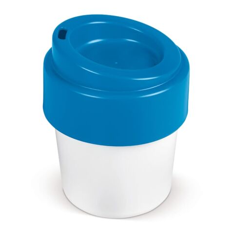 Werbeartikel 240 ml Heiss-aber-cool Becher Made in Germany aus 95% Zuckerrohr unzerbrechlich & stapelbar – Weiss-Blau Weiss – mit Logo bedruckt