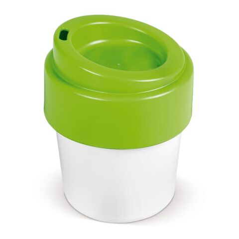 Werbeartikel 240 ml Heiss-aber-cool Becher Made in Germany aus 95% Zuckerrohr unzerbrechlich & stapelbar – Weiss-Hellgrün – mit Logo bedruckt