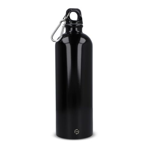 Werbeartikel Edelstahl Trinkflasche 750 ml recycelt einwandig mit Karabiner BPA-frei Geschenkbox – Schwarz – mit Logo bedruckt