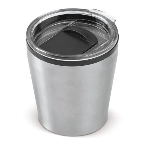 Werbeartikel 180 ml Coffee-to-go-Tasse aus Edelstahl & Kunststoff passt unter fast jede Kaffeemaschine – Silber – mit Logo bedruckt