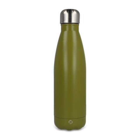 Werbeartikel R-Swing Edelstahl Vakuum Trinkflasche 500 ml doppelwandig recycelt auslaufsicher BPA-frei – Olivgrün – mit Logo bedruckt