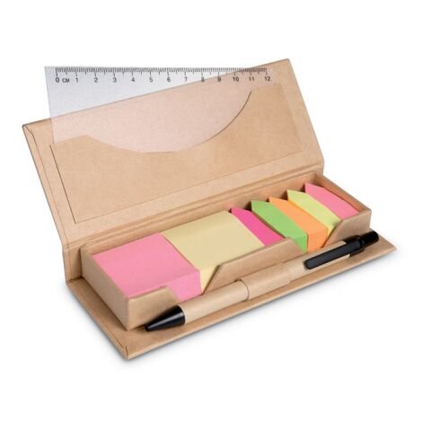 Notizzettelbox mit Kugelschreiber und Lineal