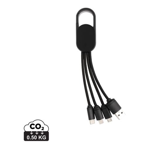 Werbeartikel 4-in-1 Kabel mit Karabiner-Clip – schwarz – mit Logo bedruckt