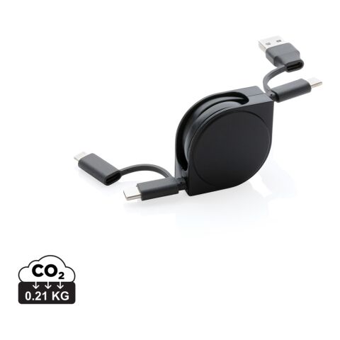 Werbeartikel 6-in-1 Kabel aus TPE und RCS Standard recyceltem Kunststoff – schwarz – mit Logo bedruckt