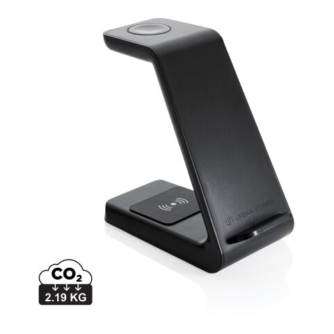 Werbeartikel Urban Vitamin Fairfield 3-in-1 Charger aus RCS Recycled Plastik – schwarz – mit Logo bedruckt