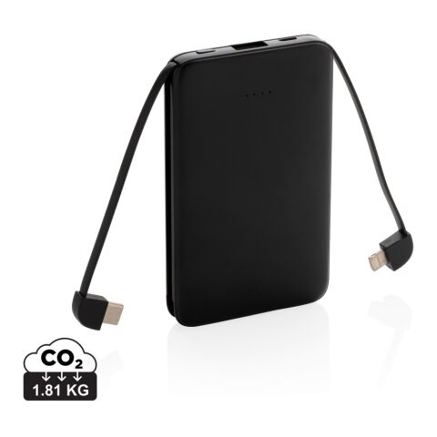 Werbeartikel 5.000 mAh Powerbank mit integriertem Kabel – schwarz – mit Logo bedruckt