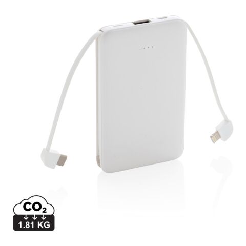 Werbeartikel 5.000 mAh Powerbank mit integriertem Kabel – weiss – mit Logo bedruckt