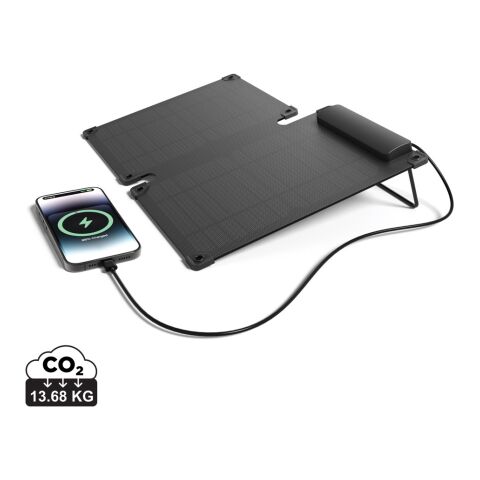 Werbeartikel Solarpulse 10W tragbares Solarmodul aus RCS rPlastik – schwarz – mit Logo bedruckt