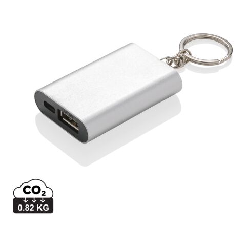 Werbeartikel 1.000 mAh Schlüsselanhänger Powerbank – silber – mit Logo bedruckt