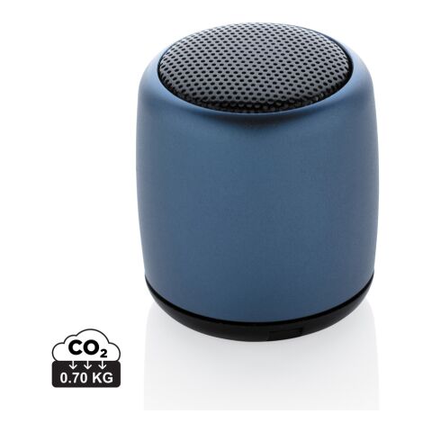 Werbeartikel Kabelloser Mini-Lautsprecher aus Aluminium – blau – mit Logo bedruckt