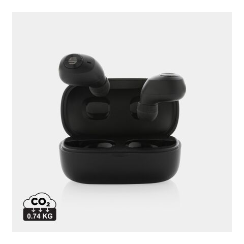 Werbeartikel Urban Vitamin Palm Springs ENC Ohrhörer aus RCS recyceltem Plastik – schwarz – mit Logo bedruckt