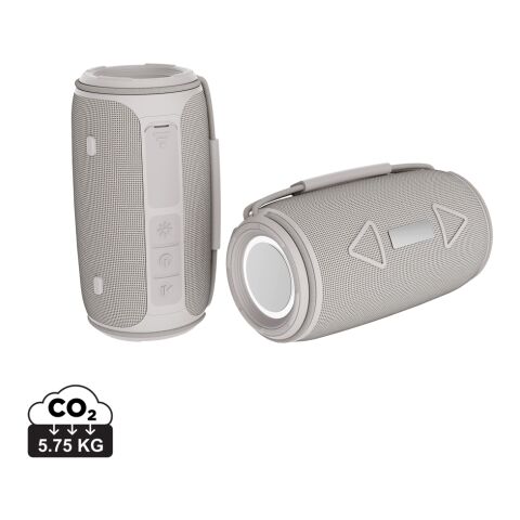 Werbeartikel Prisma 16W IPX4 Speaker aus RCS rec. rPET – grau – mit Logo bedruckt