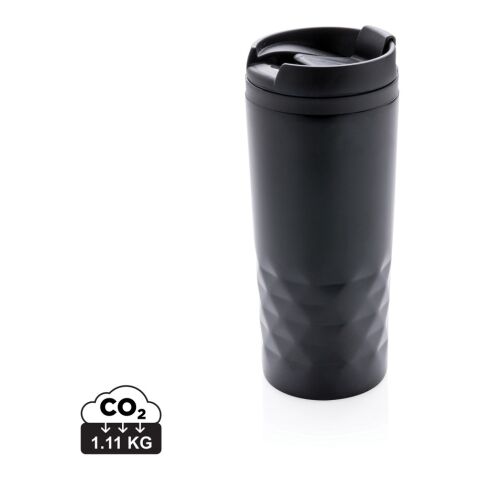 Werbeartikel 300 ml Stainless-Steel Kaffeebecher mit geometrischen Details & Kunststoff-Innenwand – schwarz – mit Logo bedruckt