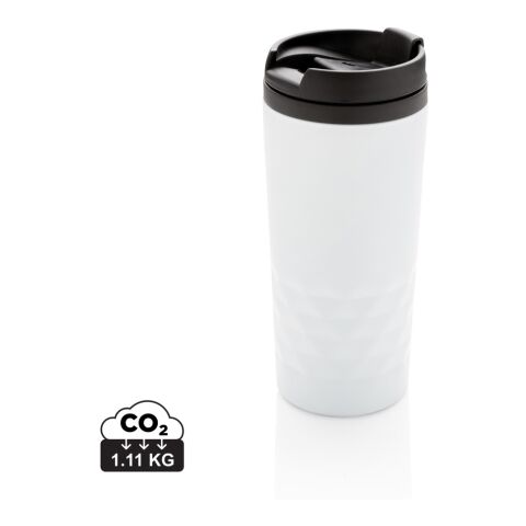 Werbeartikel 300 ml Stainless-Steel Kaffeebecher mit geometrischen Details & Kunststoff-Innenwand – weiss – mit Logo bedruckt