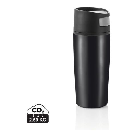 Werbeartikel 350 ml Coffee-to-go Isolierbecher fürs Auto auslaufsicher mit Push-Verschluss & Einhand-Bedienung – schwarz – mit Logo bedruckt